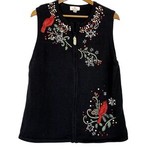 Vtg Large Quacker Factory Sweater Vest Spring Vines Cardinal Teacher Grannycore